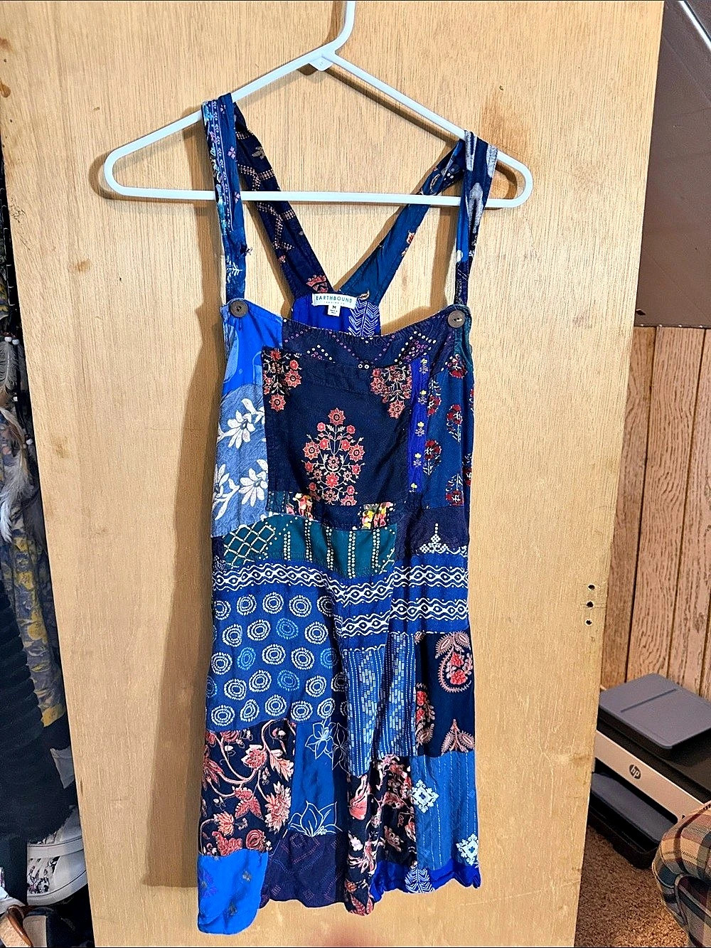 Earthbound Patchwork Mini Dress in Blue & Navy Size Medium